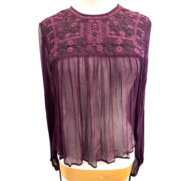 Free People Women's Sheer Femme Embroidered Retro Blouse Purple S Sexy Boho - Picture 4 of 8